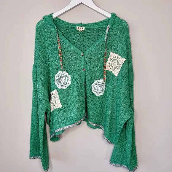 POL | Green Crochet Patchwork Knit Hooded Cardigan Granny Size Small Oversized - Picture 2 of 11
